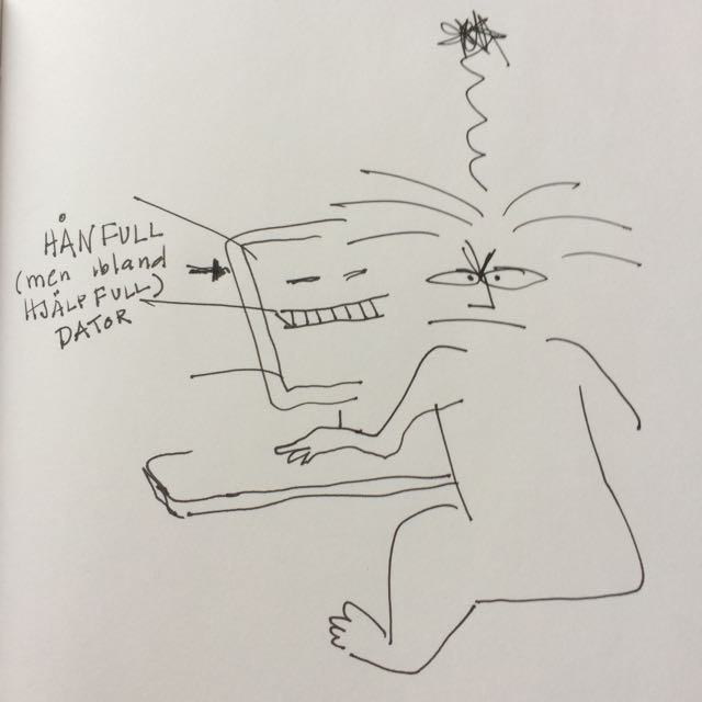 vid datorn. teckning av Ganga