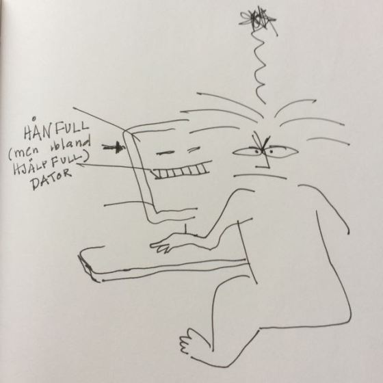 vid datorn. teckning av Ganga