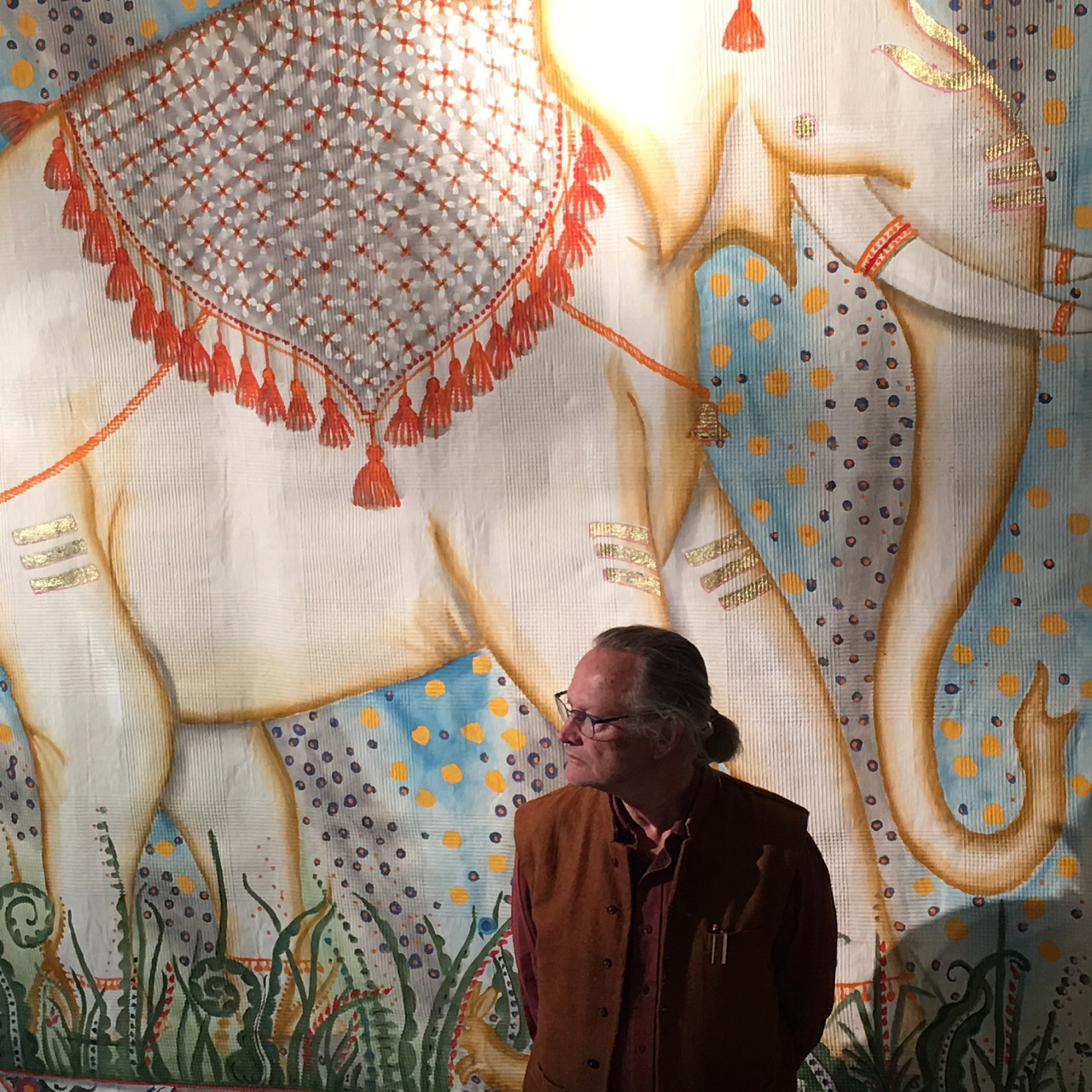 Rurik Bladh and white elephant, paining in tempera