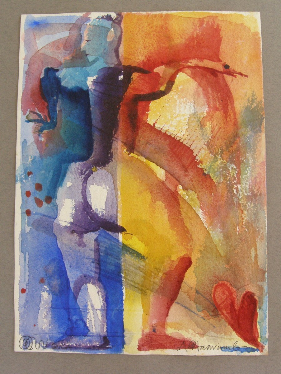 (såld), Kvinnorygg, akvarell by Ganga