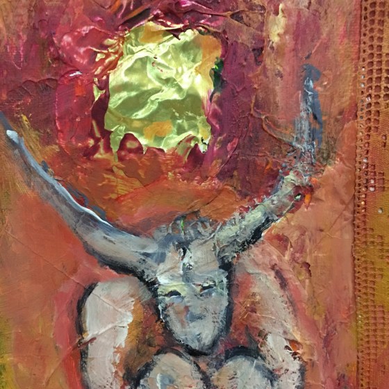 detalj, kvinna m horn, måne. av Ganga